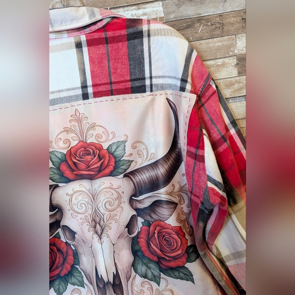 Boho Southwestern Bull W Roses Upcycled Dip Dye Bleached Flannel Shirt - Picture 5 of 15